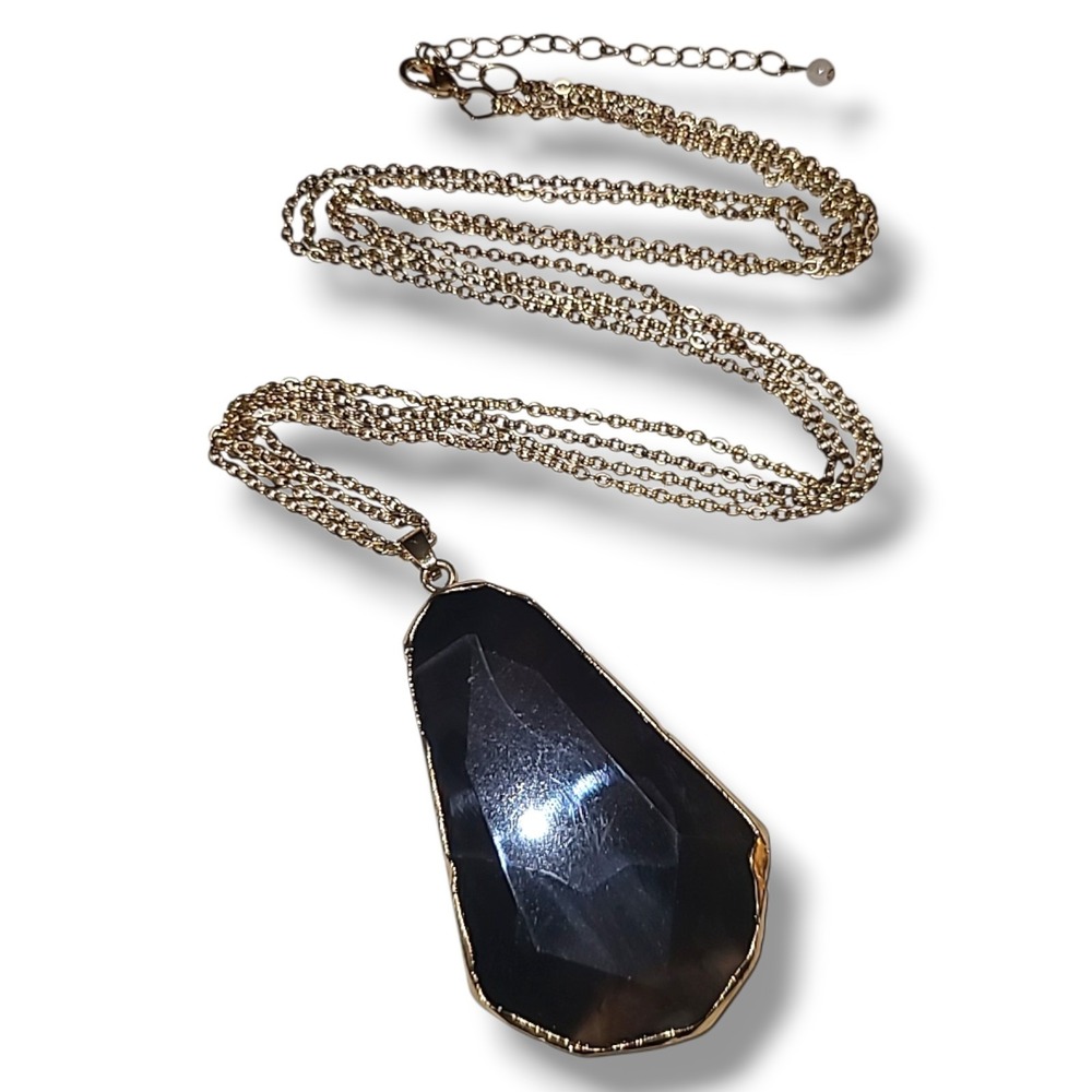 Black Agate Stone Pendant Necklace Gold Tone Faceted 2.5" Statement Boho